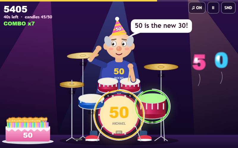 Rock the Big 5-0 cartoon drummer birthday gameplay